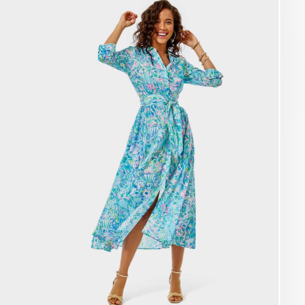 Lilly Pulitzer
Kalina Blue Ibiza Cabana Cocktail Belted Midi Shirt Dress